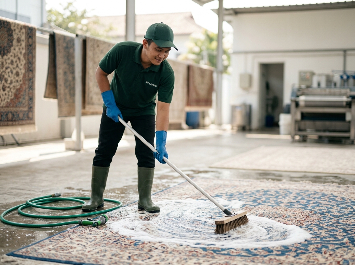 Pengerjaan cuci karpet oleh tim Wei Laundry Samarinda