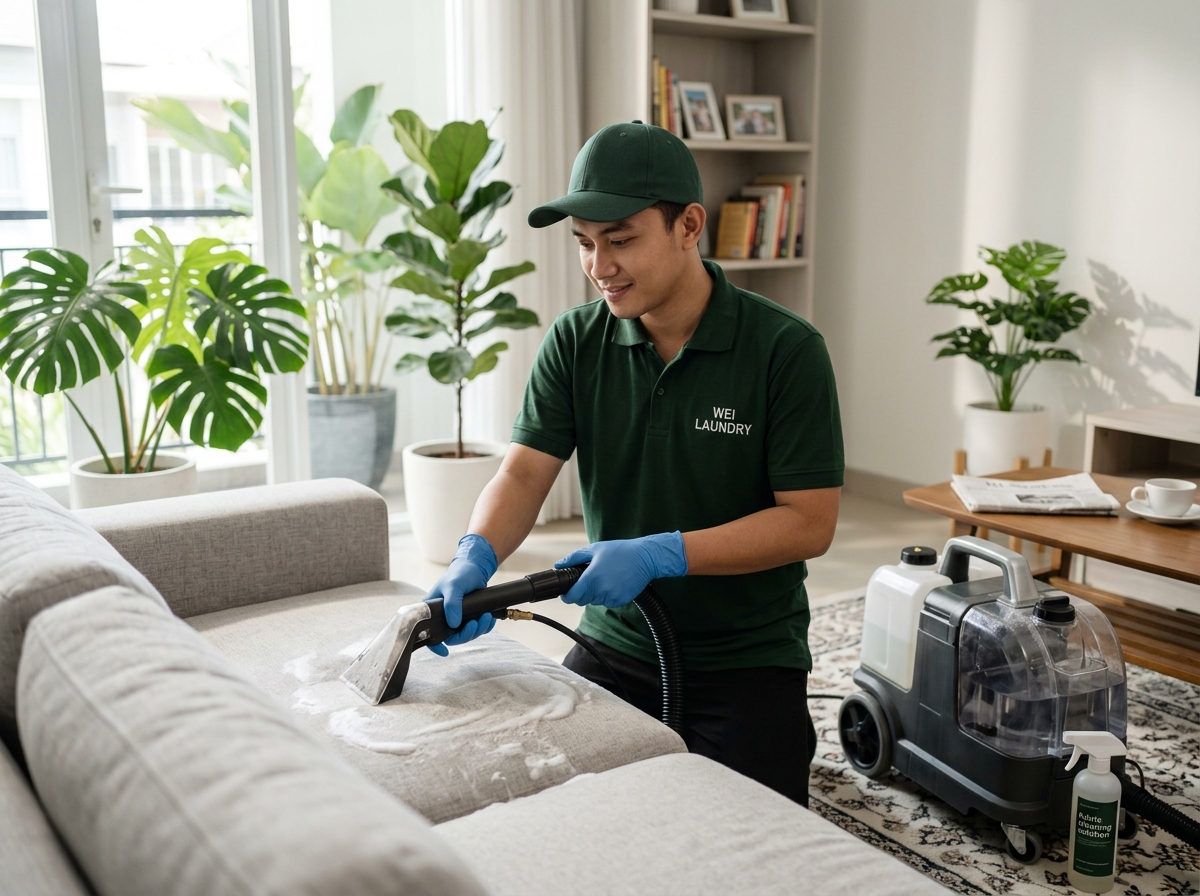 Pengerjaan cuci sofa di rumah pelanggan Wei Laundry Samarinda