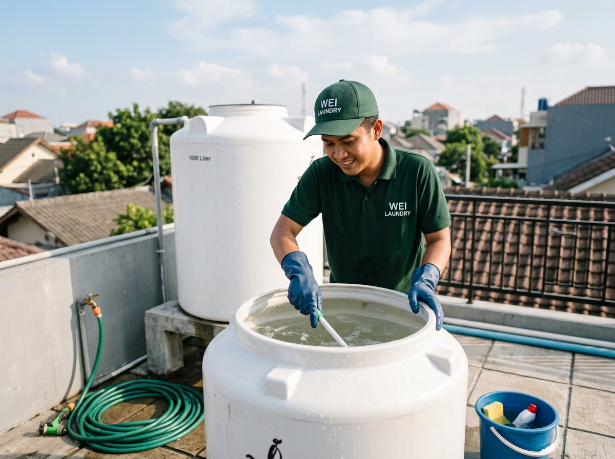 Pengerjaan cuci toren dan tandon air oleh tim Wei Laundry Samarinda